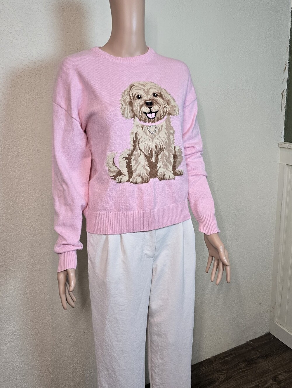 Derek Heart Pink Doodle Poodle Puppy Dog Sweater Size Medium Women’s Crewneck - Picture 4 of 16